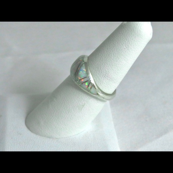 Sterling Silver Inlay White Lab Opal Dome Ring - Picture 7 of 12